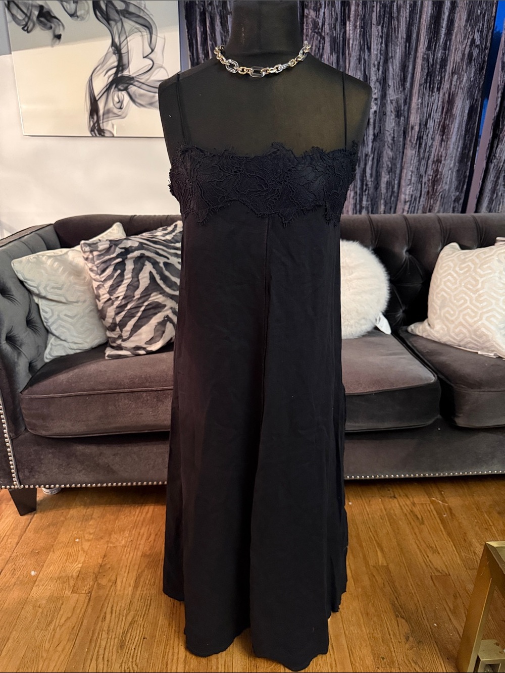 Zara Black Lace-Edged Slip linen dress